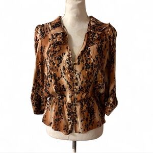 Parker Womens Leopard Print Silk Ruffle Peplum Blouse Button Front Brown Sz XS